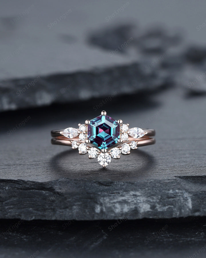 Unique Hexagon Alexandrite Engagement Ring Set, Vintage Alexandrite Wedding Ring, 14K Rose Gold June Birthstone Promise Ring, Art Deco Ring - ShainJewelry