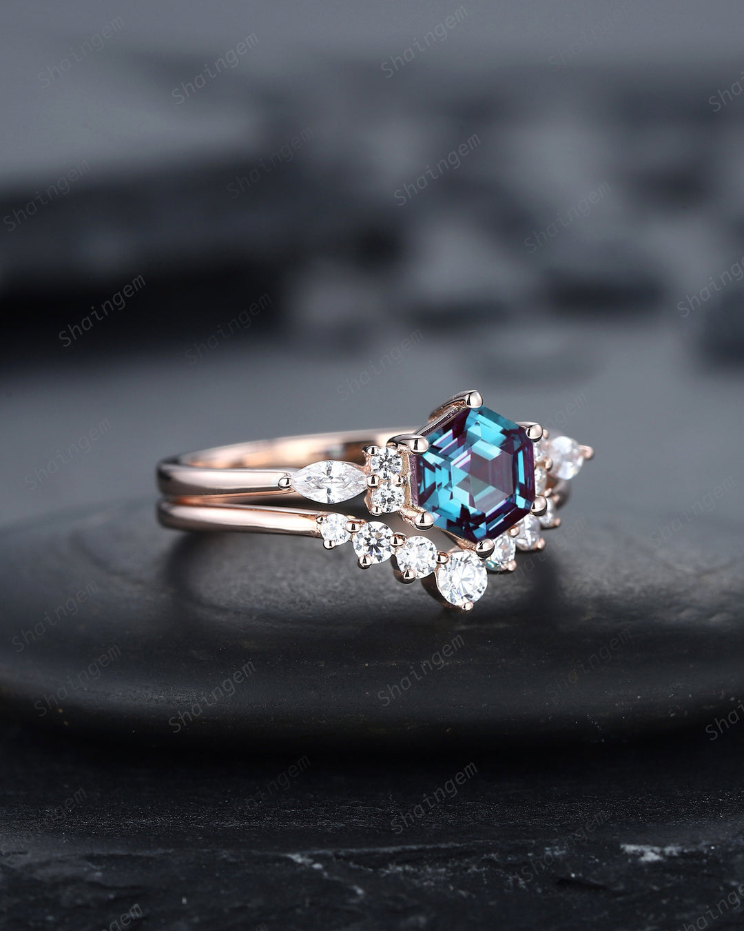 Unique Hexagon Alexandrite Engagement Ring Set, Vintage Alexandrite Wedding Ring, 14K Rose Gold June Birthstone Promise Ring, Art Deco Ring - ShainJewelry