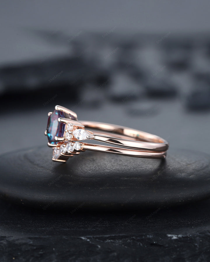 Unique Hexagon Alexandrite Engagement Ring Set, Vintage Alexandrite Wedding Ring, 14K Rose Gold June Birthstone Promise Ring, Art Deco Ring - ShainJewelry