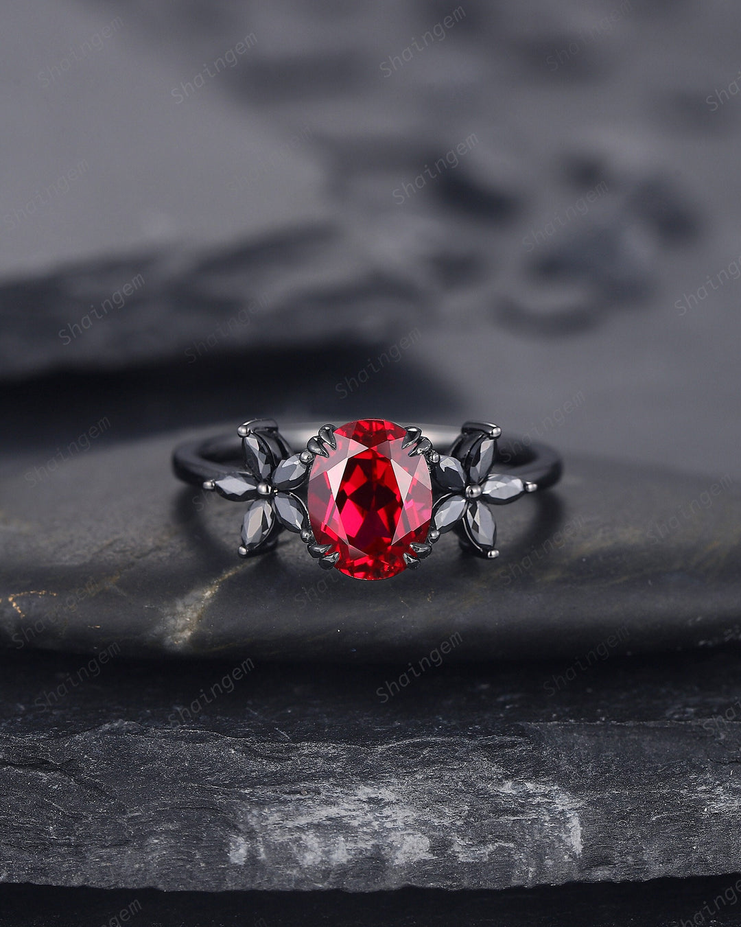 Unique Oval Shape Ruby Cluster Black Engagement Ring, Rhodium Black Ruby Promise Ring, Black Wedding Ring, Black Promise Anniversary Ring - ShainJewelry