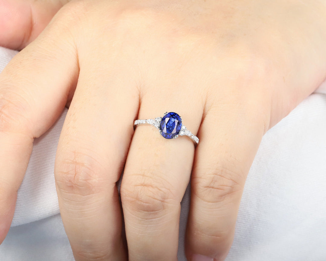 Vintage Oval Shape Natural African Sapphire Engagement Ring, 14K White Gold Blue Sapphire and Diamond Wedding Ring, Sapphire Promise Ring - ShainJewelry