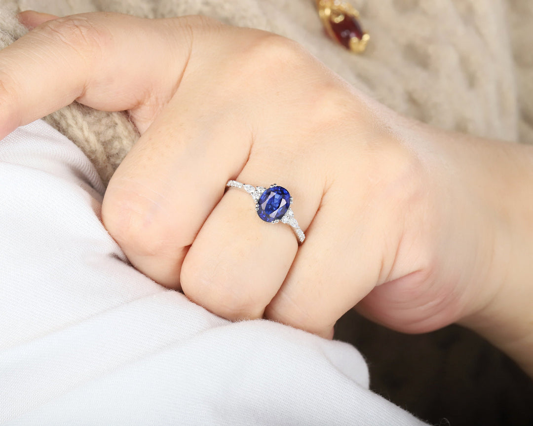 Vintage Oval Shape Natural African Sapphire Engagement Ring, 14K White Gold Blue Sapphire and Diamond Wedding Ring, Sapphire Promise Ring - ShainJewelry