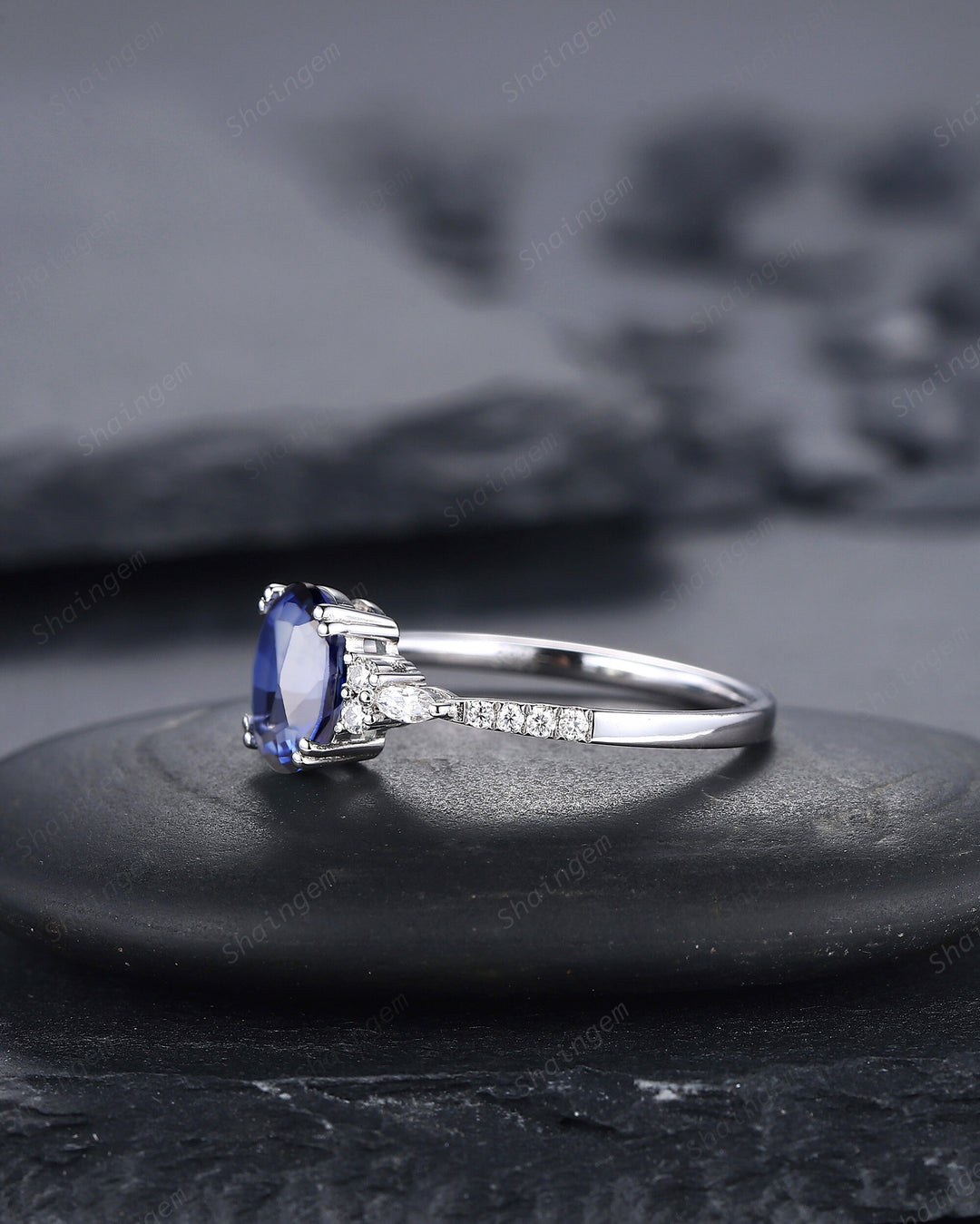 Vintage Oval Shape Natural African Sapphire Engagement Ring, 14K White Gold Blue Sapphire and Diamond Wedding Ring, Sapphire Promise Ring - ShainJewelry