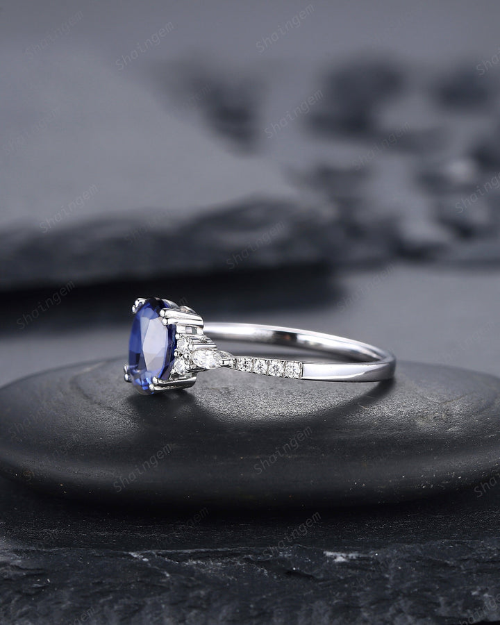 Vintage Oval Shape Natural African Sapphire Engagement Ring, 14K White Gold Blue Sapphire and Diamond Wedding Ring, Sapphire Promise Ring - ShainJewelry