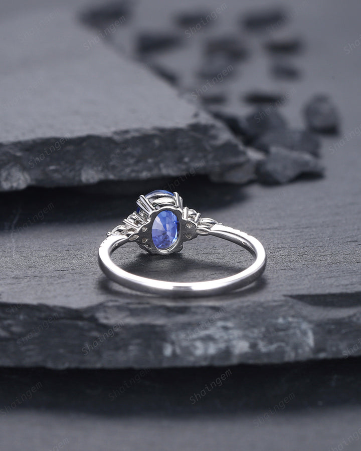 Vintage Oval Shape Natural African Sapphire Engagement Ring, 14K White Gold Blue Sapphire and Diamond Wedding Ring, Sapphire Promise Ring - ShainJewelry