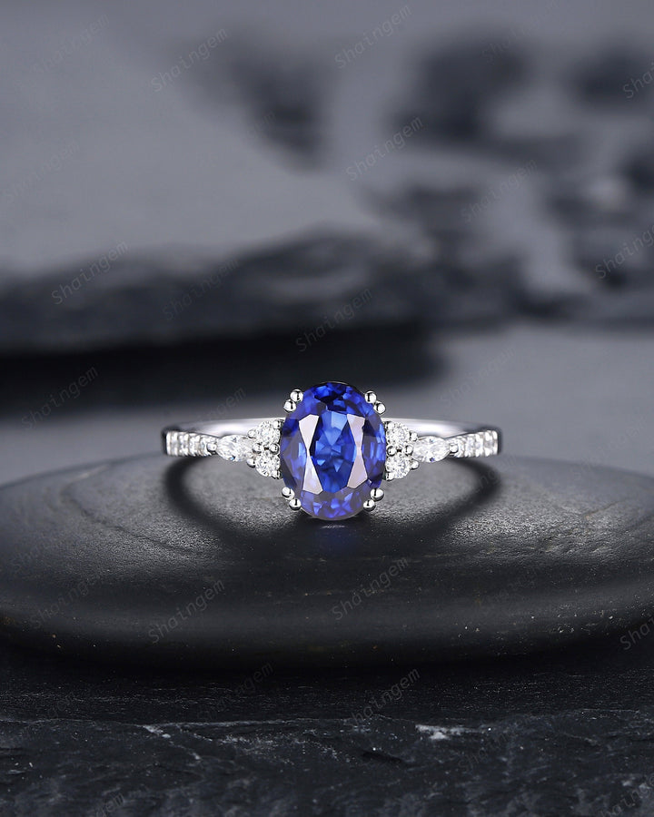 Vintage Oval Shape Natural African Sapphire Engagement Ring, 14K White Gold Blue Sapphire and Diamond Wedding Ring, Sapphire Promise Ring - ShainJewelry