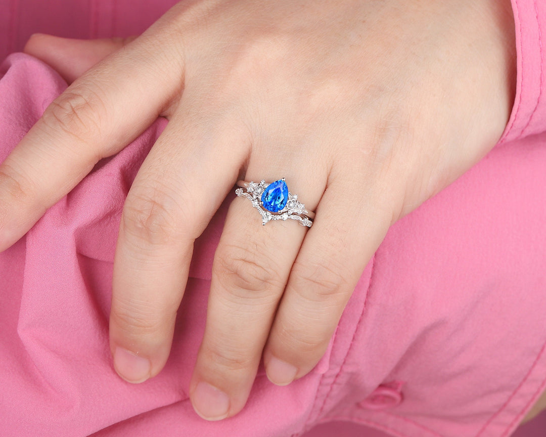 Pear Shape Blue Fire Spinel Engagement Ring Set, Sterling Silver Floral Blue Spinel Promise Ring, Nature Inspired Bridal Set Gift For Women - ShainJewelry