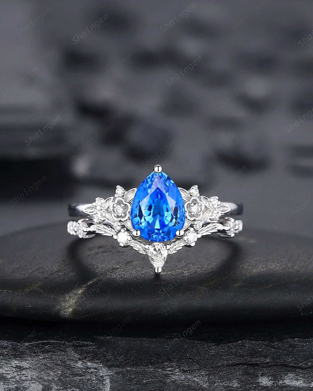 Pear Shape Blue Fire Spinel Engagement Ring Set, Sterling Silver Floral Blue Spinel Promise Ring, Nature Inspired Bridal Set Gift For Women - ShainJewelry