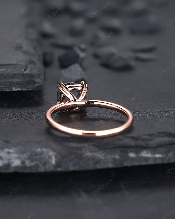 Cushion Shape Solitaire Moss Agate Engagement Ring, Rose Gold Moss Agate Promise Ring, Minimalist Anniversary Ring Jewelry Gift for Women - ShainJewelry