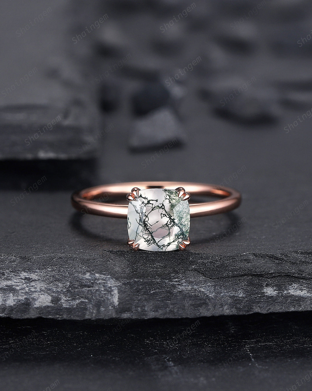 Cushion Shape Solitaire Moss Agate Engagement Ring, Rose Gold Moss Agate Promise Ring, Minimalist Anniversary Ring Jewelry Gift for Women - ShainJewelry