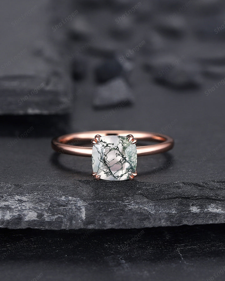 Cushion Shape Solitaire Moss Agate Engagement Ring, Rose Gold Moss Agate Promise Ring, Minimalist Anniversary Ring Jewelry Gift for Women - ShainJewelry