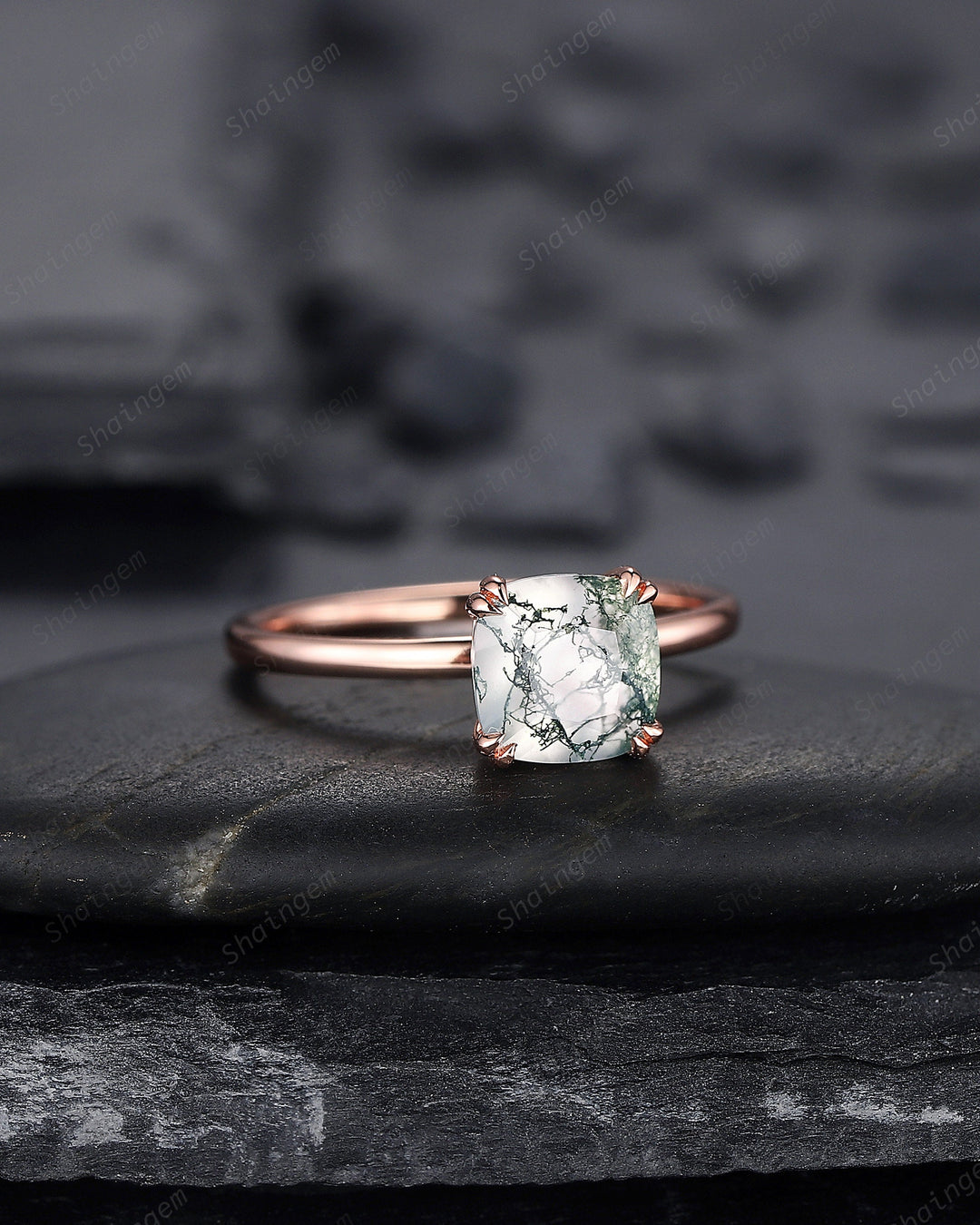 Cushion Shape Solitaire Moss Agate Engagement Ring, Rose Gold Moss Agate Promise Ring, Minimalist Anniversary Ring Jewelry Gift for Women - ShainJewelry