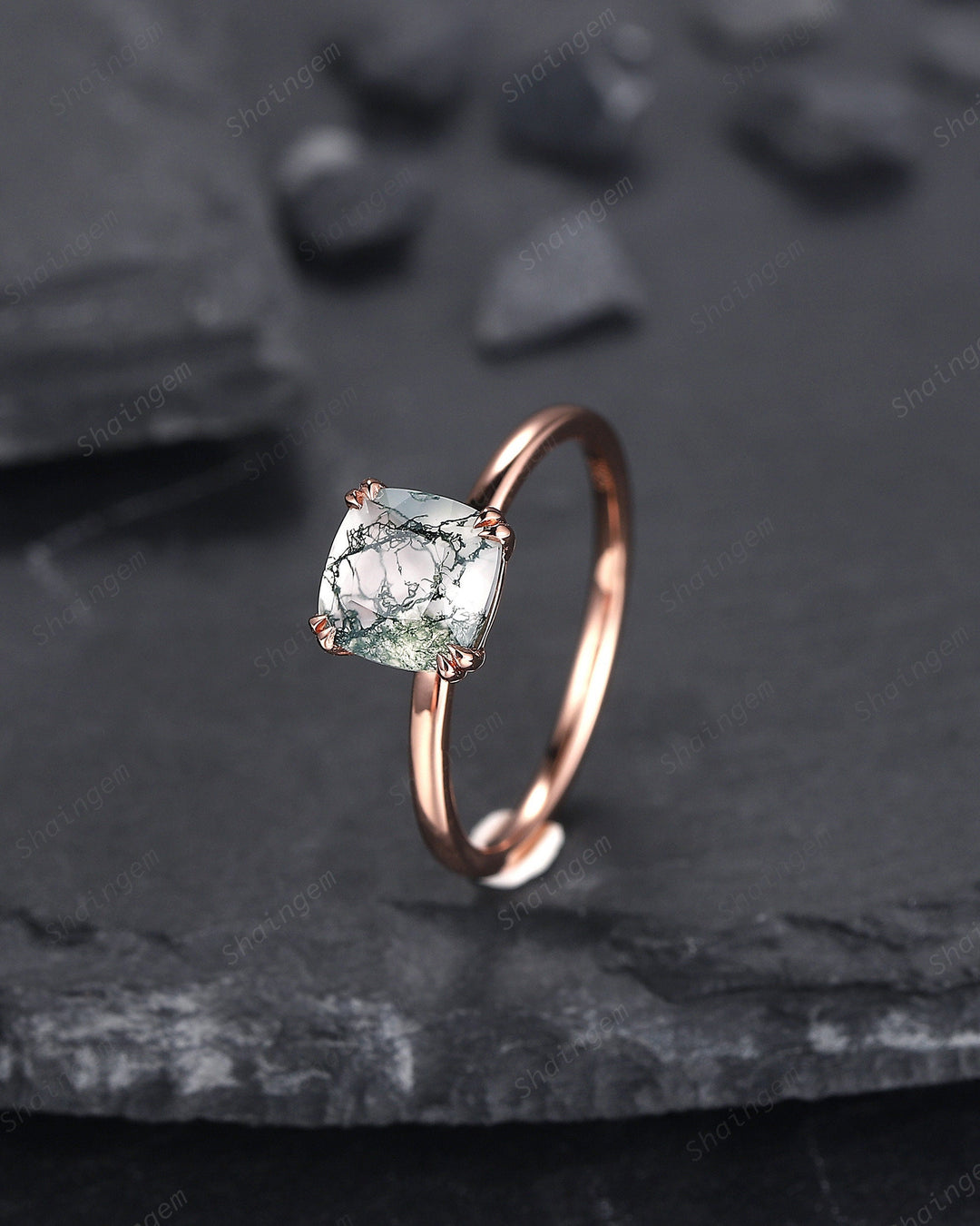 Cushion Shape Solitaire Moss Agate Engagement Ring, Rose Gold Moss Agate Promise Ring, Minimalist Anniversary Ring Jewelry Gift for Women - ShainJewelry