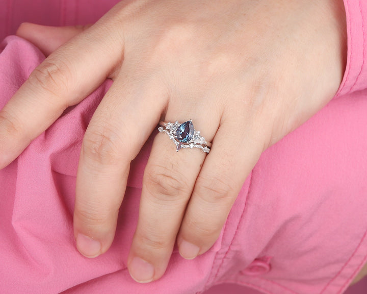 Pear Shape Alexandrite Engagement Ring Set, Solid White Gold Floral Alexandrite Promise Ring, Nature Inspired Bridal Set Gift For Women - ShainJewelry