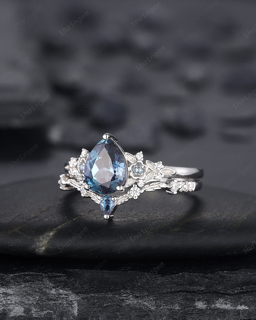 Pear Shape Alexandrite Engagement Ring Set, Solid White Gold Floral Alexandrite Promise Ring, Nature Inspired Bridal Set Gift For Women - ShainJewelry