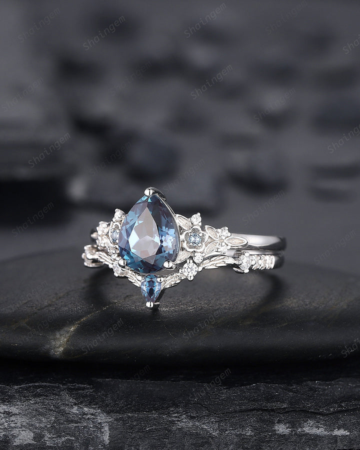 Pear Shape Alexandrite Engagement Ring Set, Solid White Gold Floral Alexandrite Promise Ring, Nature Inspired Bridal Set Gift For Women - ShainJewelry