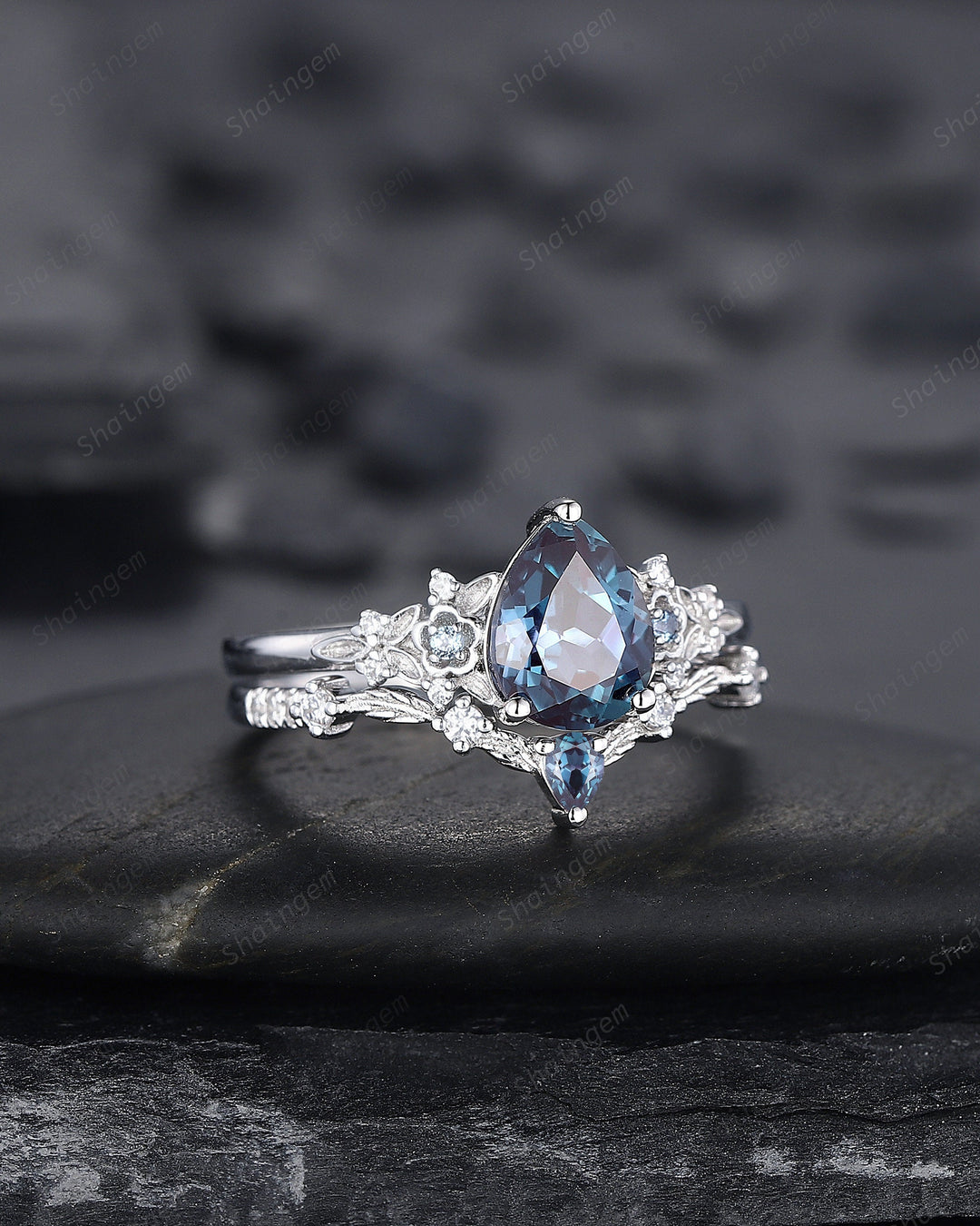 Pear Shape Alexandrite Engagement Ring Set, Solid White Gold Floral Alexandrite Promise Ring, Nature Inspired Bridal Set Gift For Women - ShainJewelry