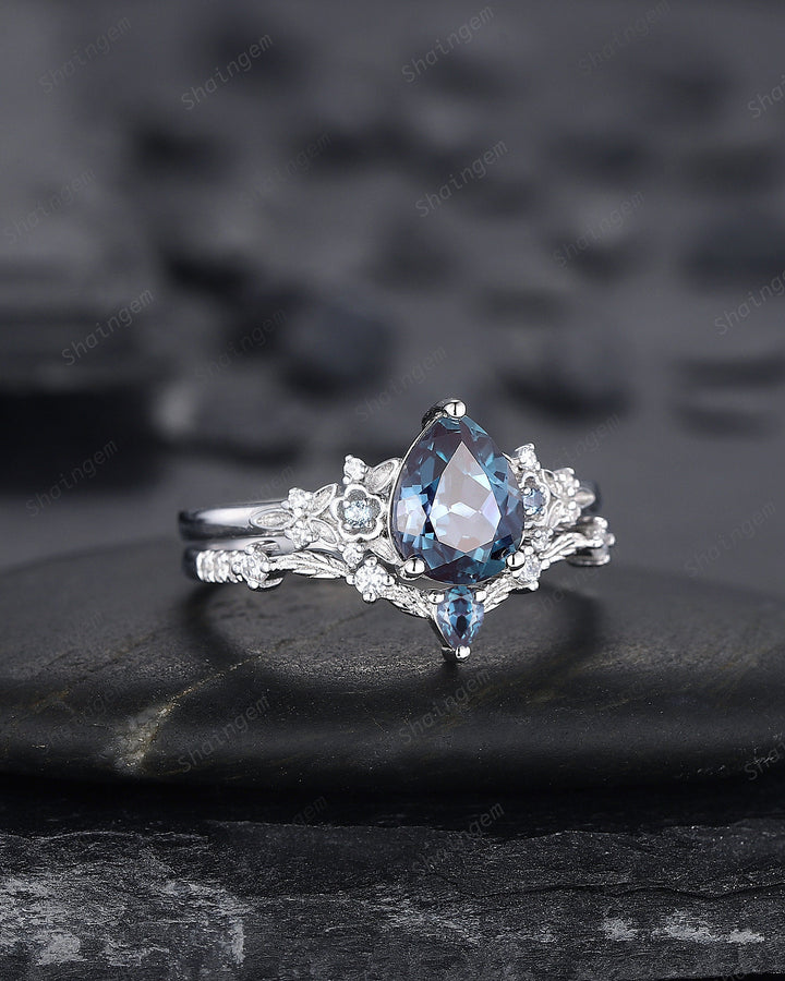 Pear Shape Alexandrite Engagement Ring Set, Solid White Gold Floral Alexandrite Promise Ring, Nature Inspired Bridal Set Gift For Women - ShainJewelry