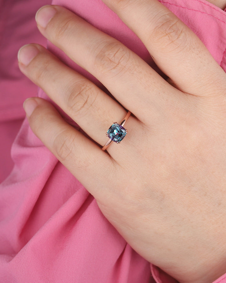 Vintage Cushion Cut Solitaire Alexandrite Engagement Ring,14K Rose Gold High Profile Alexandrite Ring, Promise Anniversary Ring Gift for her - ShainJewelry