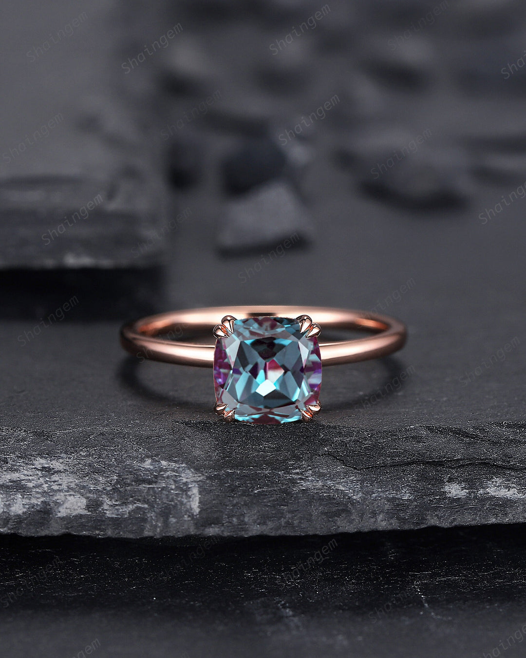 Vintage Cushion Cut Solitaire Alexandrite Engagement Ring,14K Rose Gold High Profile Alexandrite Ring, Promise Anniversary Ring Gift for her - ShainJewelry