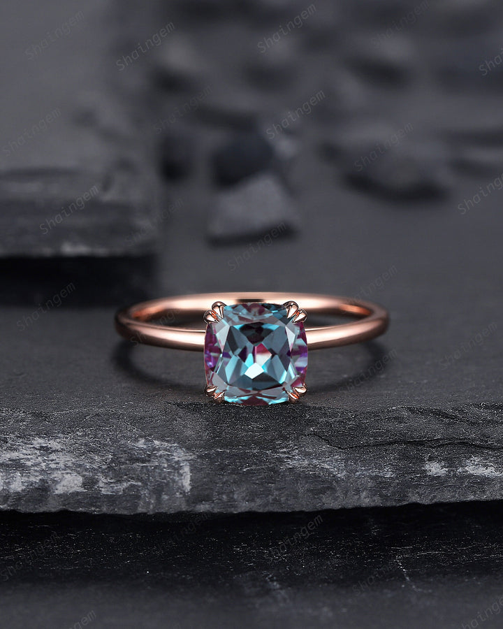 Vintage Cushion Cut Solitaire Alexandrite Engagement Ring,14K Rose Gold High Profile Alexandrite Ring, Promise Anniversary Ring Gift for her - ShainJewelry