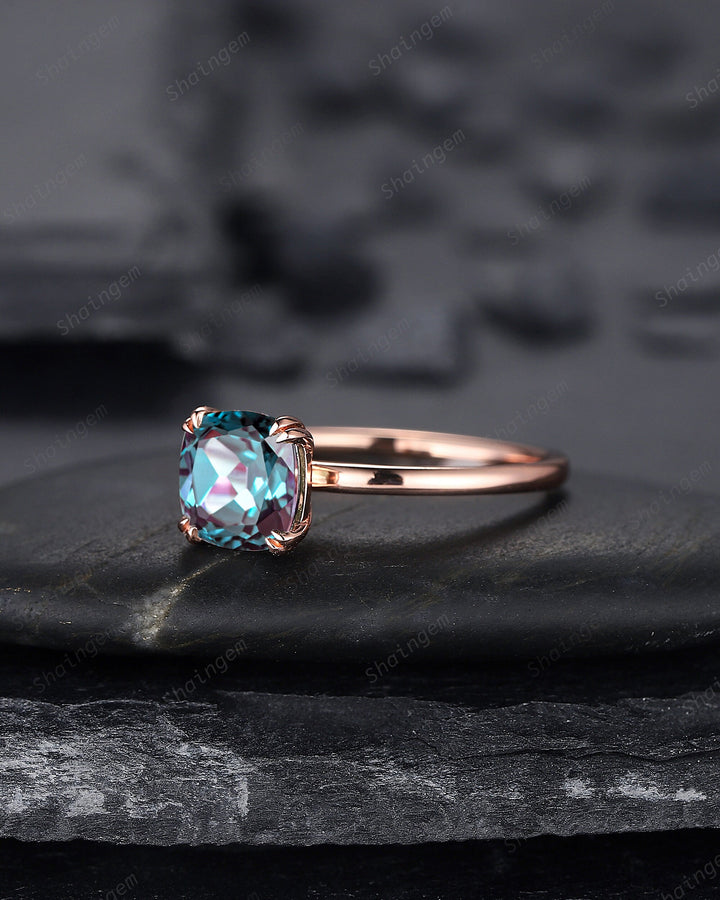 Vintage Cushion Cut Solitaire Alexandrite Engagement Ring,14K Rose Gold High Profile Alexandrite Ring, Promise Anniversary Ring Gift for her - ShainJewelry