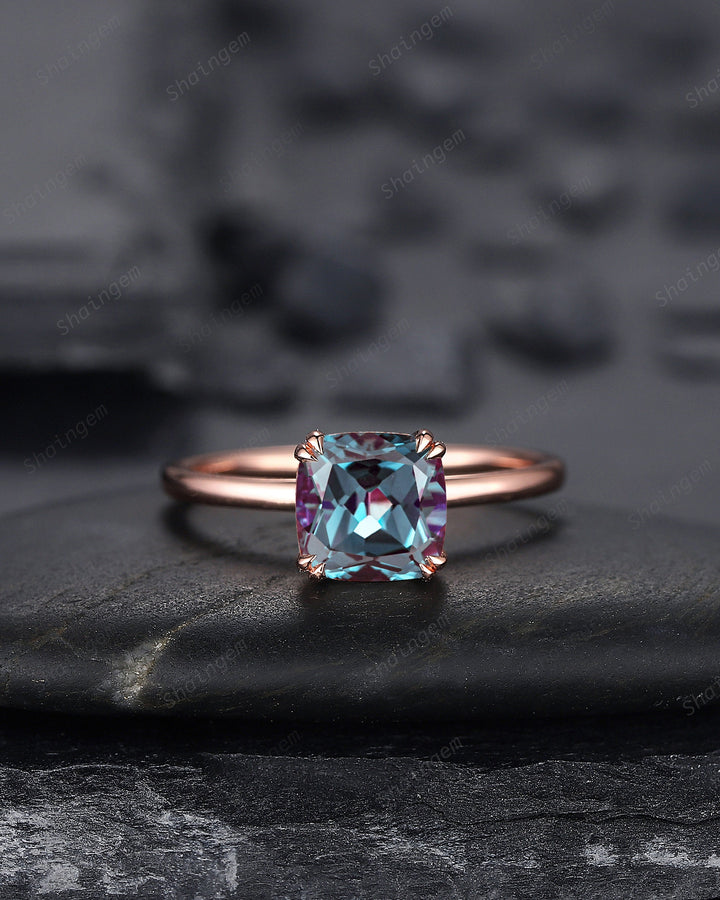 Vintage Cushion Cut Solitaire Alexandrite Engagement Ring,14K Rose Gold High Profile Alexandrite Ring, Promise Anniversary Ring Gift for her - ShainJewelry