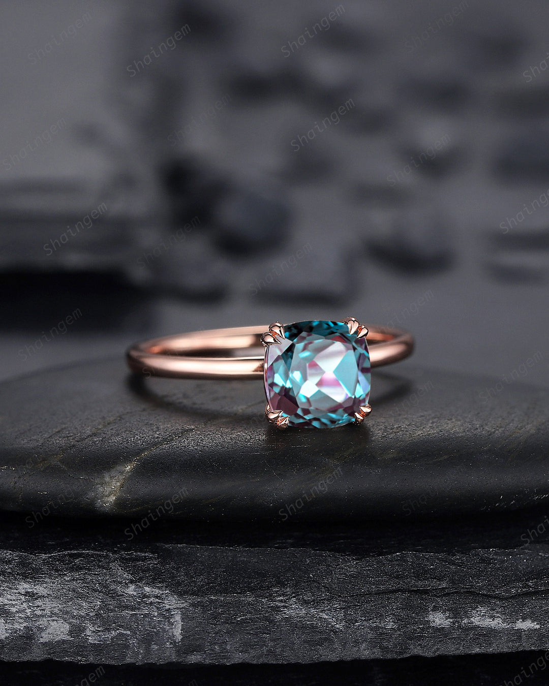 Vintage Cushion Cut Solitaire Alexandrite Engagement Ring,14K Rose Gold High Profile Alexandrite Ring, Promise Anniversary Ring Gift for her - ShainJewelry