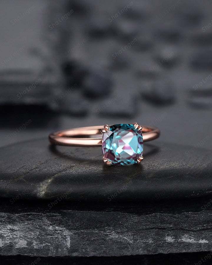 Vintage Cushion Cut Solitaire Alexandrite Engagement Ring,14K Rose Gold High Profile Alexandrite Ring, Promise Anniversary Ring Gift for her - ShainJewelry