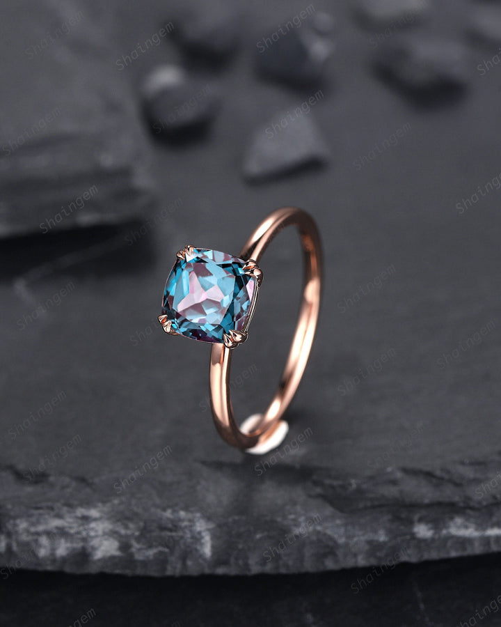 Vintage Cushion Cut Solitaire Alexandrite Engagement Ring,14K Rose Gold High Profile Alexandrite Ring, Promise Anniversary Ring Gift for her - ShainJewelry