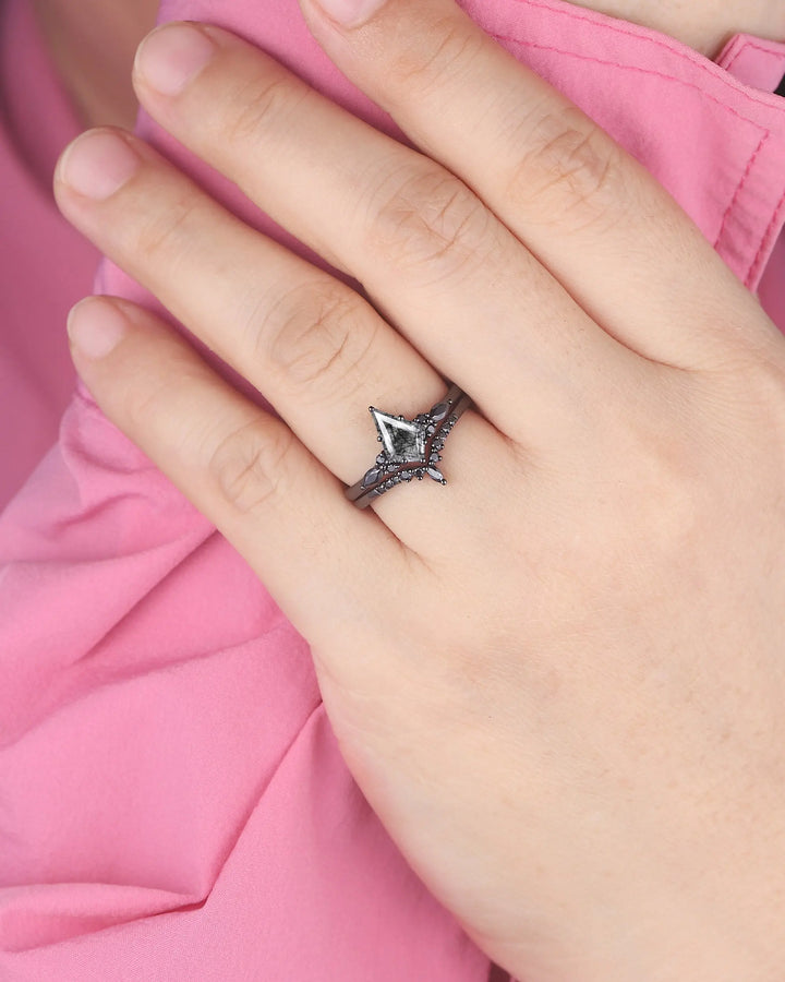 Gothic Kite Cut Black Rutilated Quartz Engagement Ring Set, Witchy Black Rhodium Promise Ring, Black Wedding Ring Set, Goth Black Bridal Set - ShainJewelry