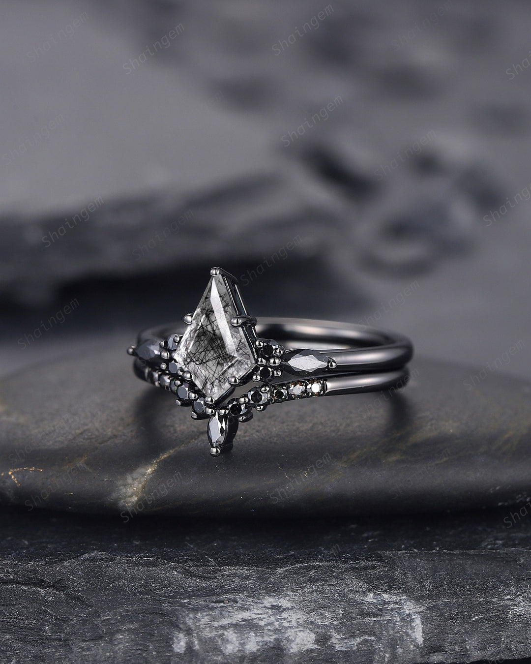 Black Gold Kite Cut Black Rutilated Quartz Engagement Ring Set, Witchy Black Promise Ring, Black Wedding Ring Set, Goth Black Bridal Set - ShainJewelry