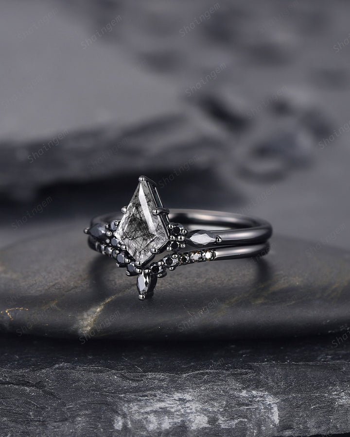 Black Gold Kite Cut Black Rutilated Quartz Engagement Ring Set, Witchy Black Promise Ring, Black Wedding Ring Set, Goth Black Bridal Set - ShainJewelry