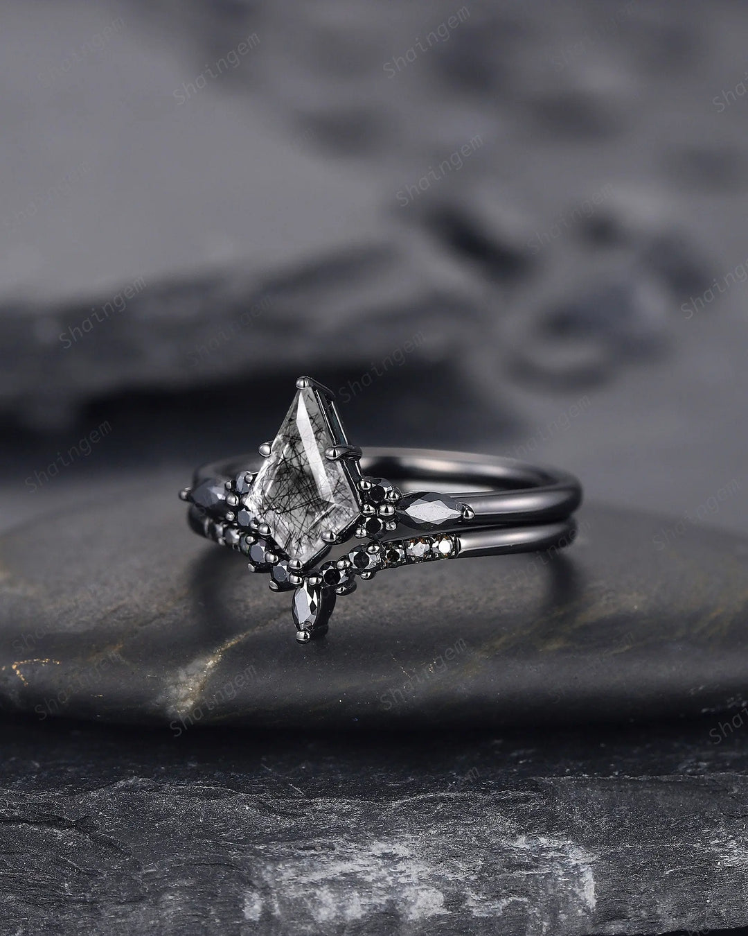 Gothic Kite Cut Black Rutilated Quartz Engagement Ring Set, Witchy Black Rhodium Promise Ring, Black Wedding Ring Set, Goth Black Bridal Set - ShainJewelry