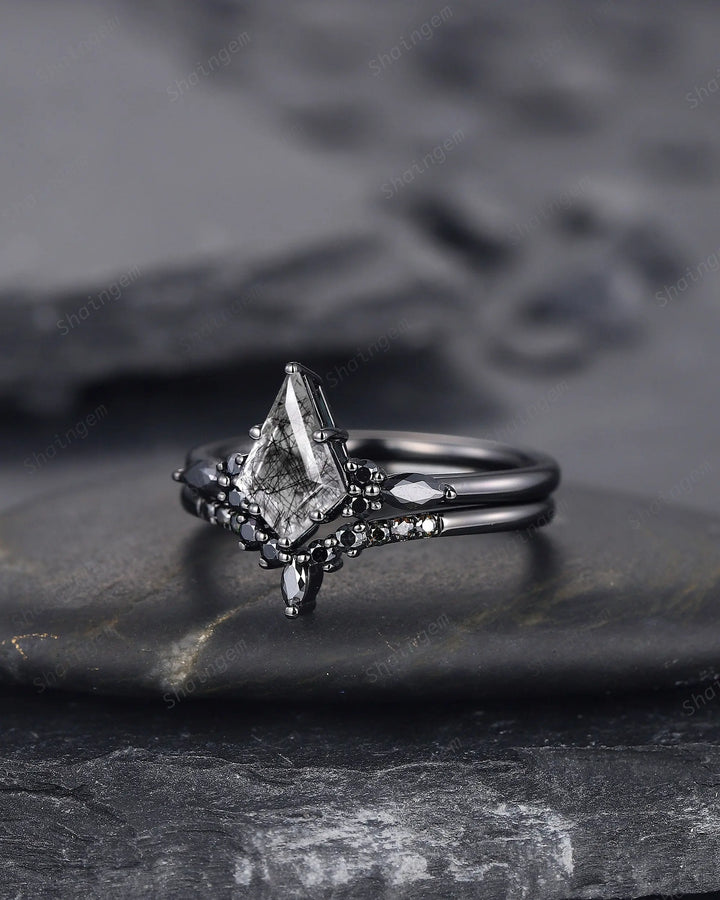 Gothic Kite Cut Black Rutilated Quartz Engagement Ring Set, Witchy Black Rhodium Promise Ring, Black Wedding Ring Set, Goth Black Bridal Set - ShainJewelry