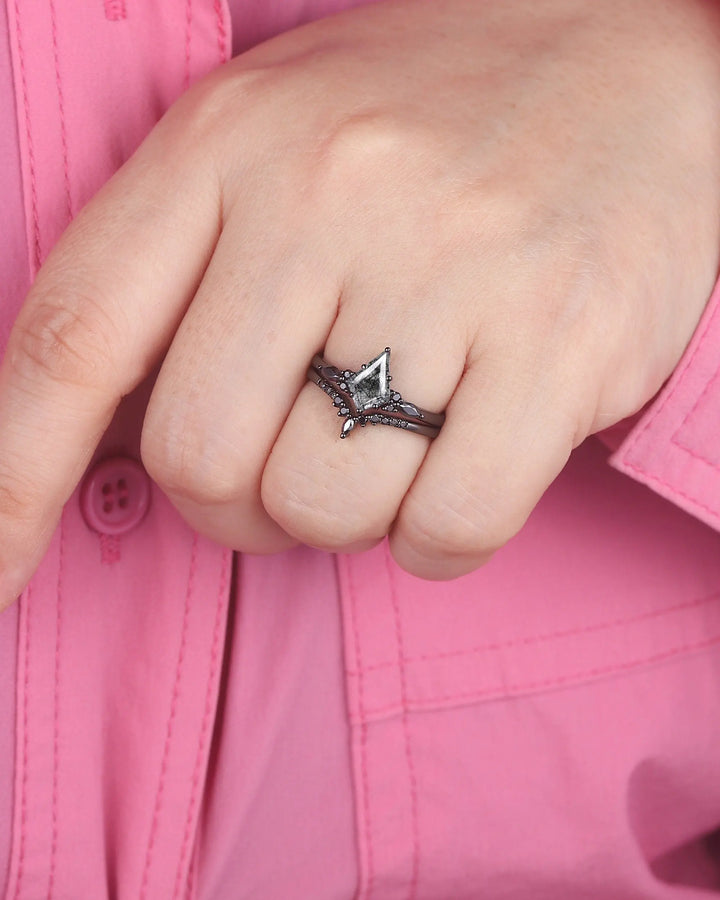 Gothic Kite Cut Black Rutilated Quartz Engagement Ring Set, Witchy Black Rhodium Promise Ring, Black Wedding Ring Set, Goth Black Bridal Set - ShainJewelry