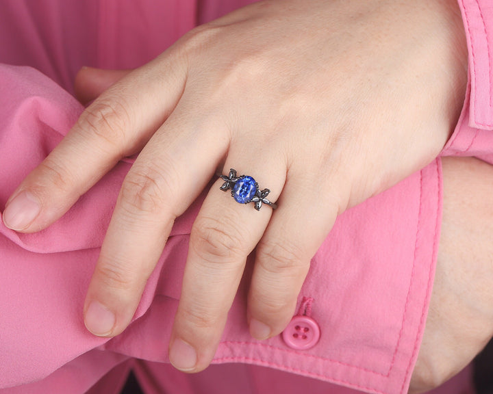 Unique Oval Shape Natural African Blue Sapphire Cluster Black Engagement Ring, Rhodium Black Promise Ring, Black Wedding Ring Gift for Women - ShainJewelry