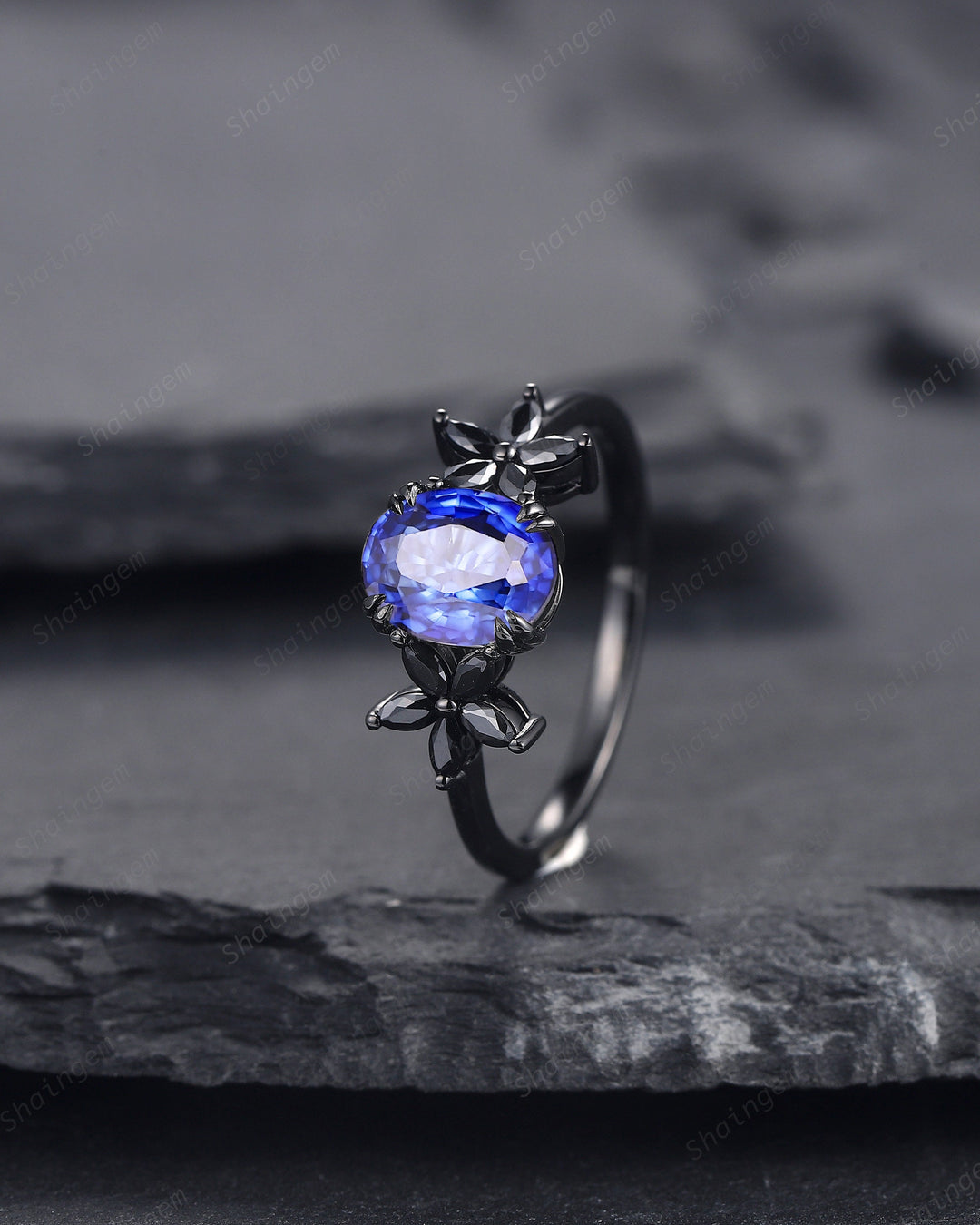Unique Oval Shape Natural African Blue Sapphire Cluster Black Engagement Ring, Rhodium Black Promise Ring, Black Wedding Ring Gift for Women - ShainJewelry