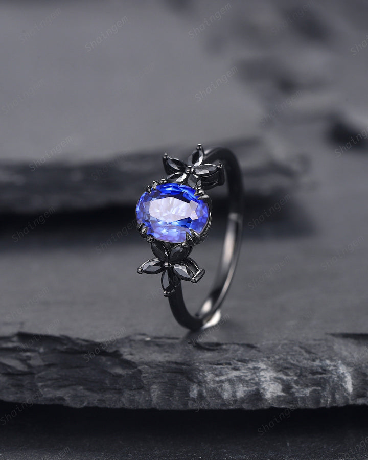 Unique Oval Shape Natural African Blue Sapphire Cluster Black Engagement Ring, Rhodium Black Promise Ring, Black Wedding Ring Gift for Women - ShainJewelry
