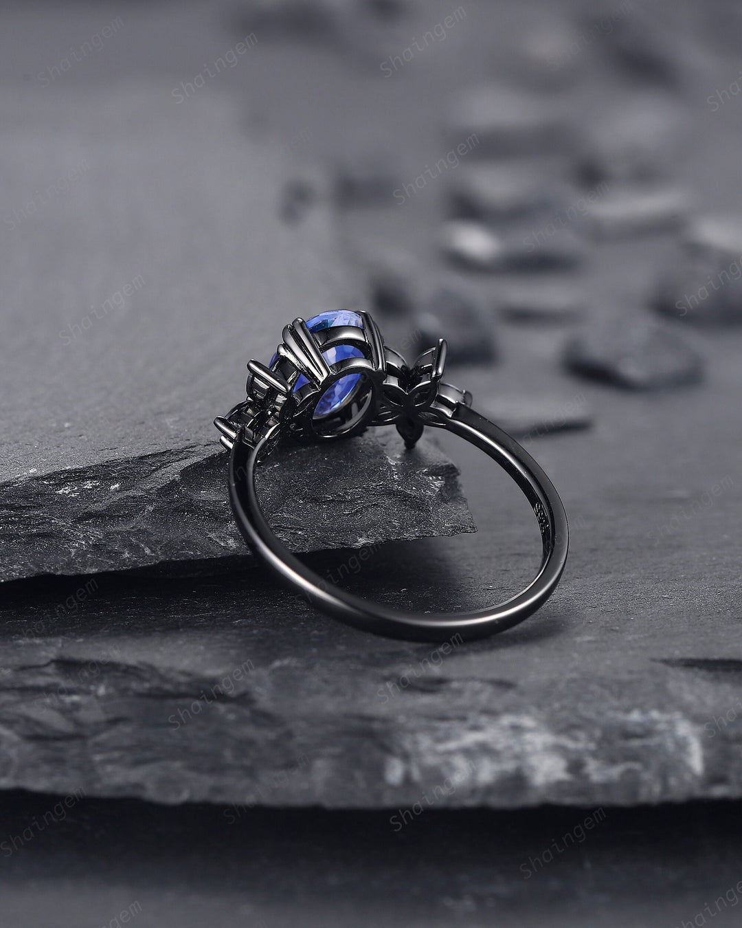 Unique Oval Shape Natural African Blue Sapphire Cluster Black Engagement Ring, Rhodium Black Promise Ring, Black Wedding Ring Gift for Women - ShainJewelry
