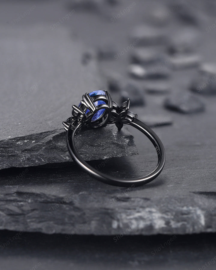 Unique Oval Shape Natural African Blue Sapphire Cluster Black Engagement Ring, Rhodium Black Promise Ring, Black Wedding Ring Gift for Women - ShainJewelry