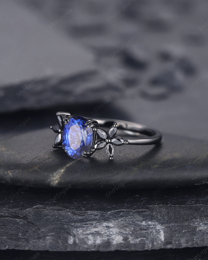 Unique Oval Shape Natural African Blue Sapphire Cluster Black Engagement Ring, Rhodium Black Promise Ring, Black Wedding Ring Gift for Women - ShainJewelry
