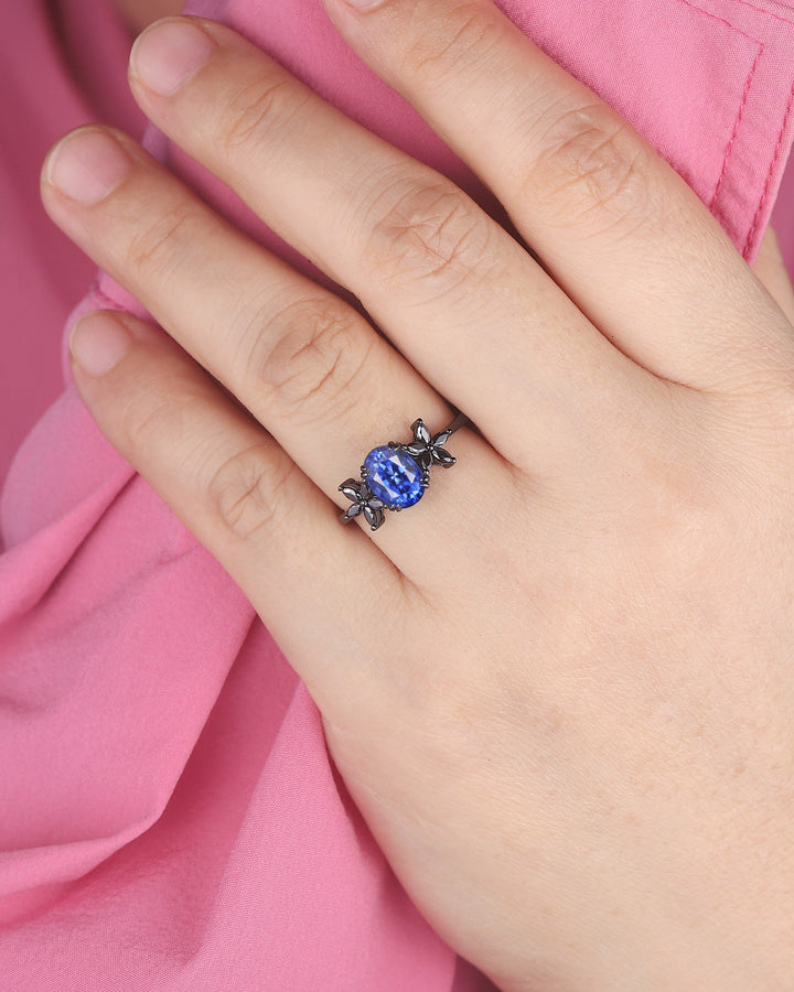 Unique Oval Shape Natural African Blue Sapphire Cluster Black Engagement Ring, Rhodium Black Promise Ring, Black Wedding Ring Gift for Women - ShainJewelry