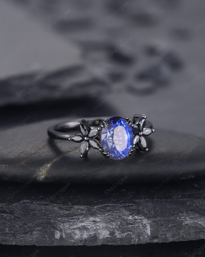 Unique Oval Shape Natural African Blue Sapphire Cluster Black Engagement Ring, Rhodium Black Promise Ring, Black Wedding Ring Gift for Women - ShainJewelry
