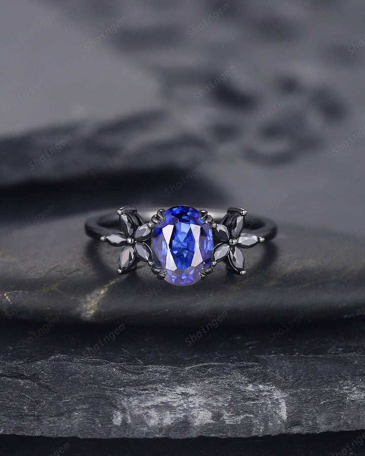 Unique Oval Shape Natural African Blue Sapphire Cluster Black Engagement Ring, Rhodium Black Promise Ring, Black Wedding Ring Gift for Women - ShainJewelry