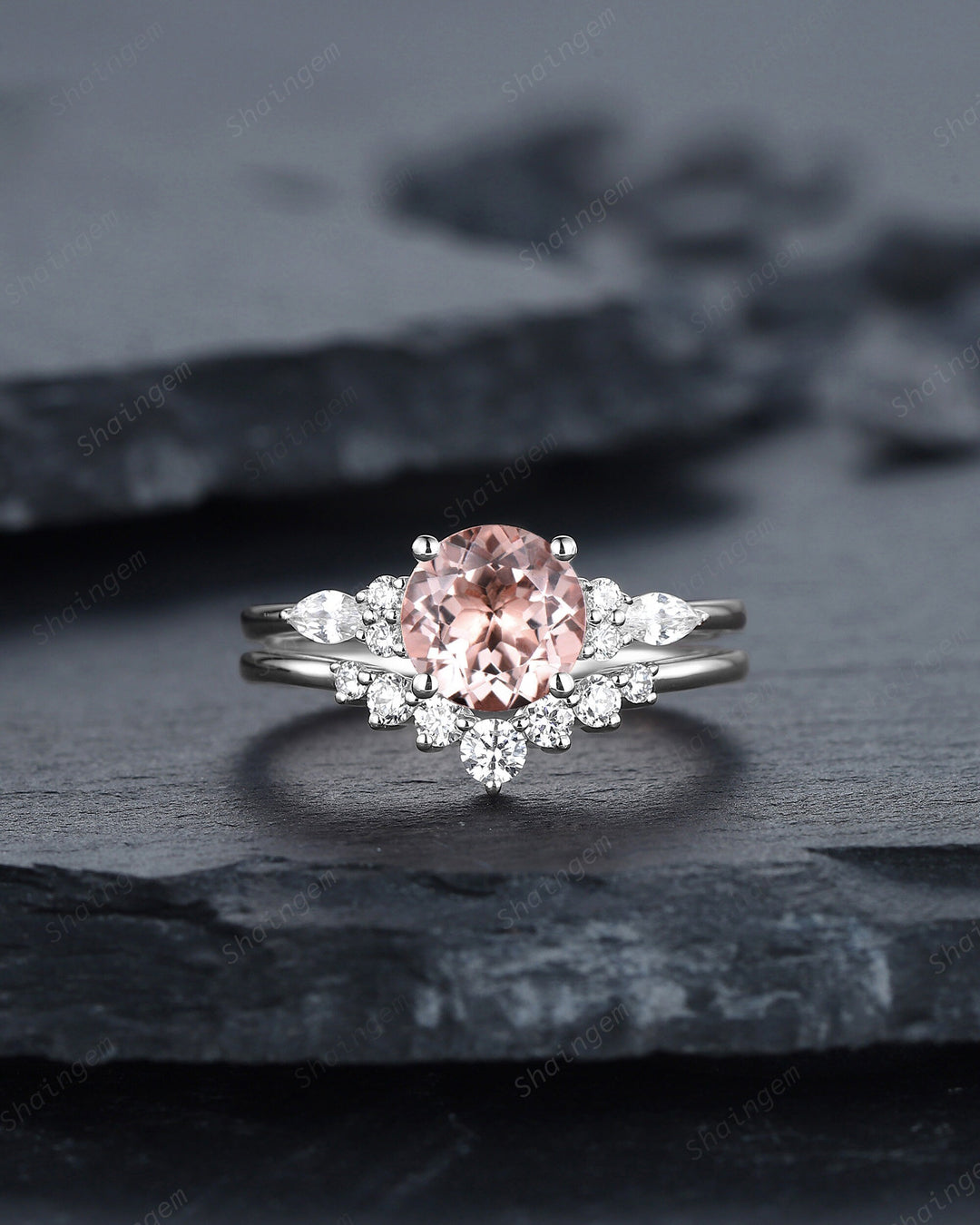 Unique Round Pink Morganite Engagement Ring Set, Vintage Morganite and Diamond Wedding Ring, 14K Rose Gold Morganite Promise Ring Gift - ShainJewelry