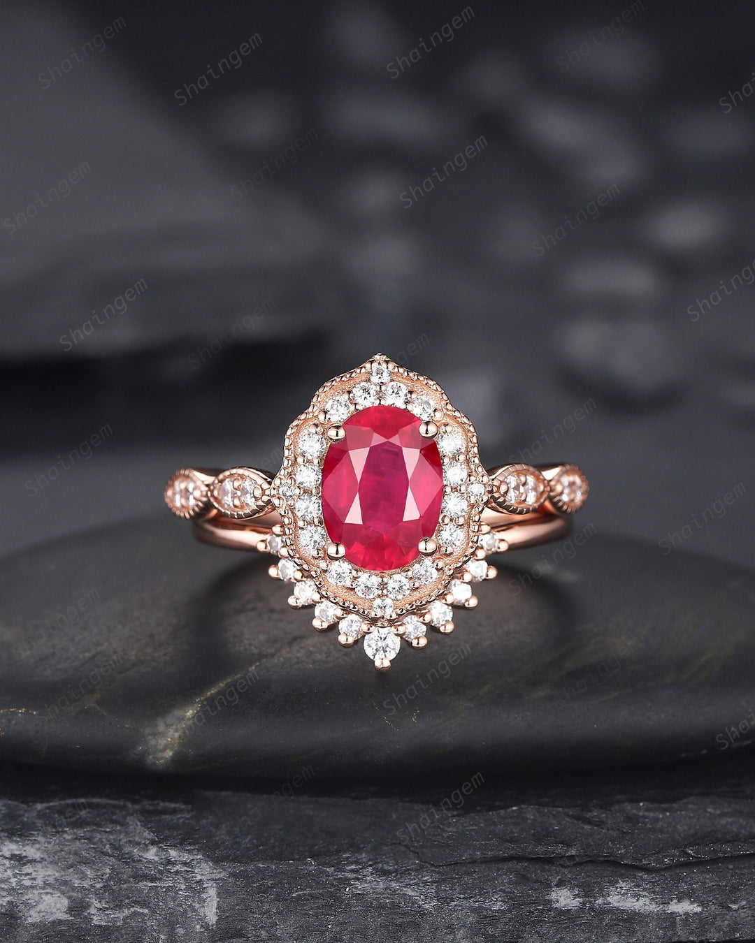 Vintage Oval Shape Natural African Ruby and Diamond Engagement Ring Set, 14K Rose Gold Ruby Wedding Set, Floral Halo Ruby Promise Ring Gift - ShainJewelry