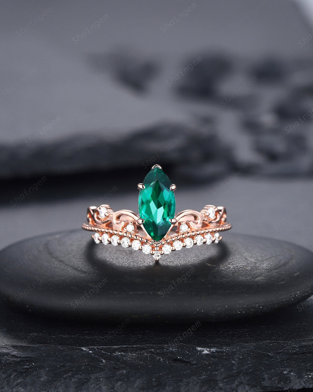 Vintage Marquise Emerald and Diamond Engagement Ring, Unique Emerald Crown Wedding Promise Ring, 14K Rose Gold Anniversary Ring Gift for Her - ShainJewelry