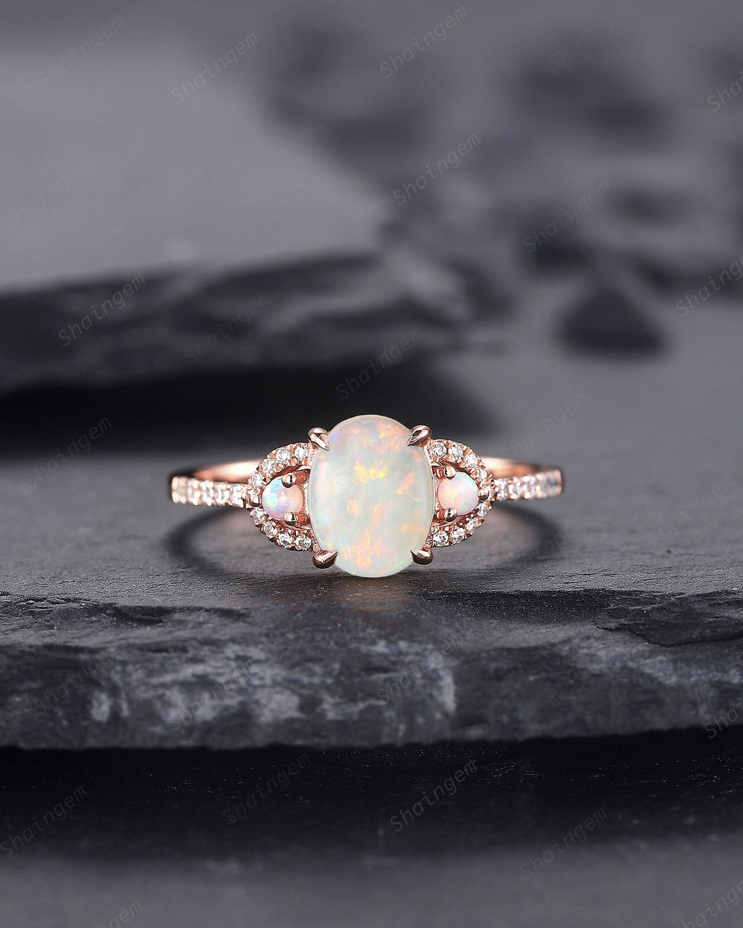 Vintage Natural Australia White Fire Opal and Diamond Engagement Ring, 14K Rose Gold Oval Opal Promise Ring, Opal Wedding Ring Gift for her - ShainJewelry