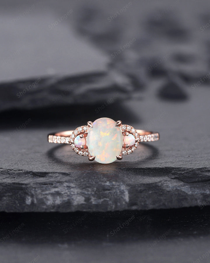 Vintage Natural Australia White Fire Opal and Diamond Engagement Ring, 14K Rose Gold Oval Opal Promise Ring, Opal Wedding Ring Gift for her - ShainJewelry